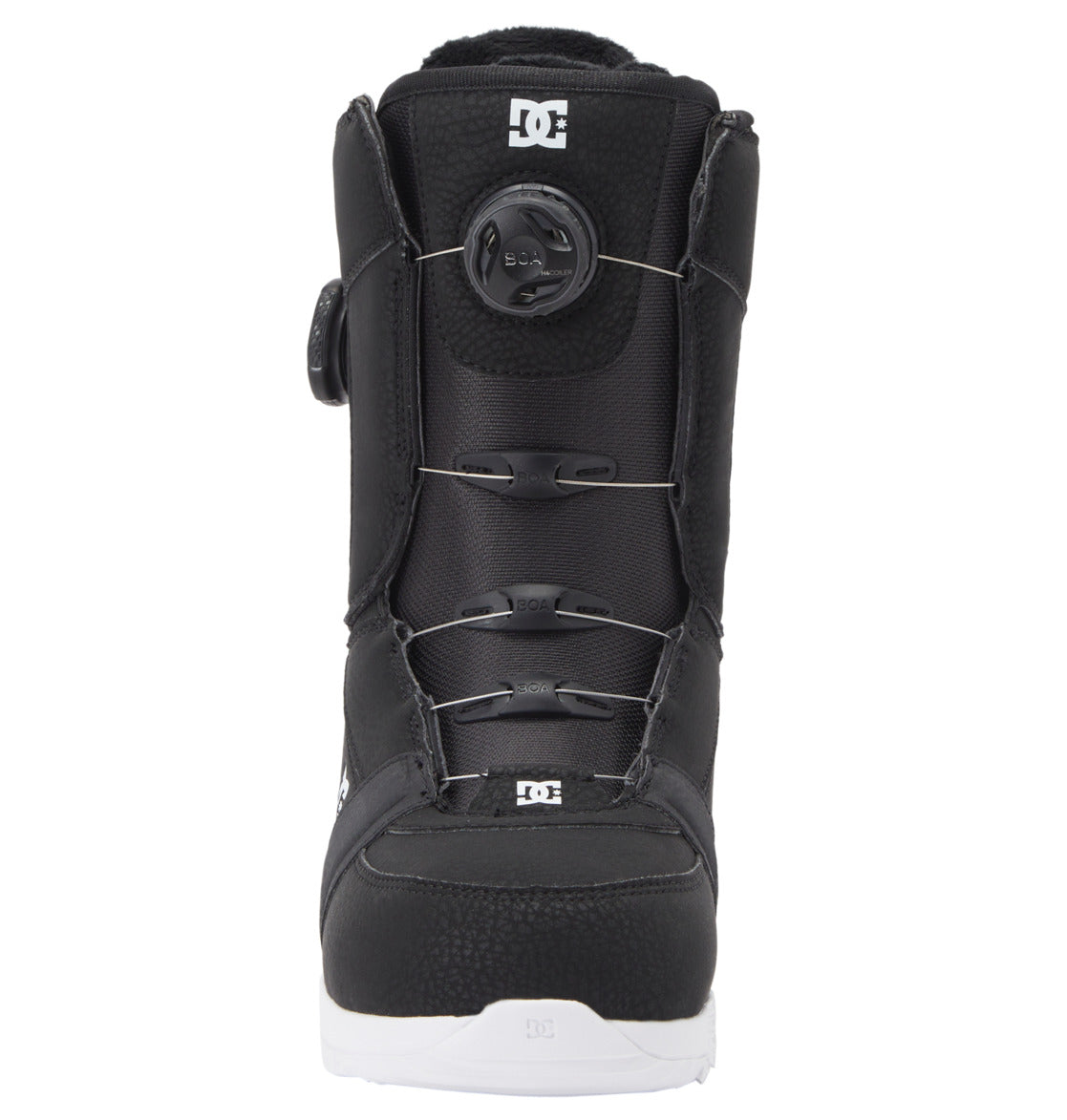 The Women's Lotus BOA® Snowboard Boots by DC Shoes are black with a white UNILITE outsole, feature a Dual Zone BOA Fit System, and display the DC Shoes logo on the tongue and toe. Shown from the front against a white background.