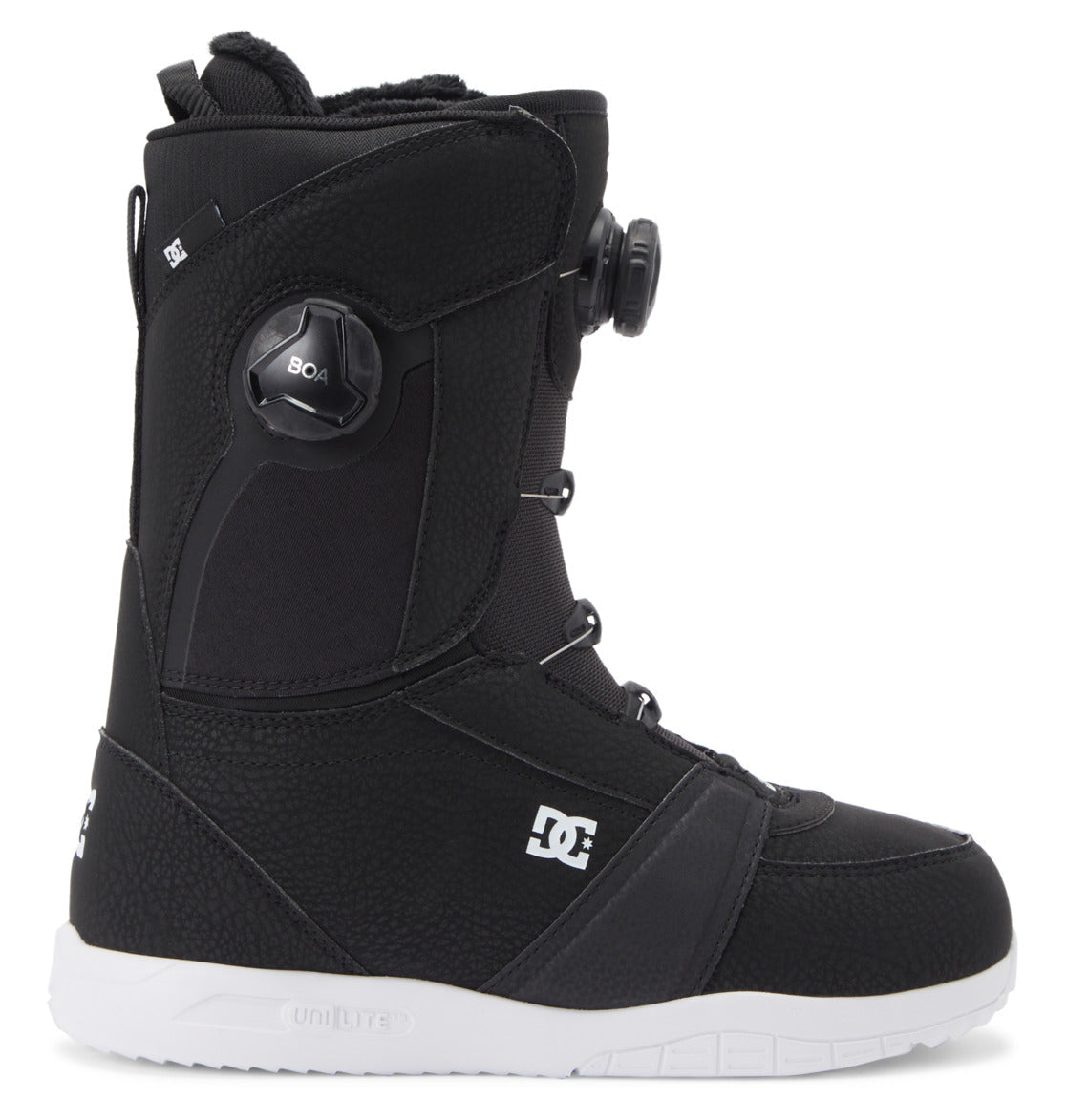 Introducing the Women’s Lotus BOA® Snowboard Boots by DC Shoes—featuring a sleek black design with a white UNILITE outsole, the iconic DC logo, and a Dual Zone BOA® Fit System for a customized fit.