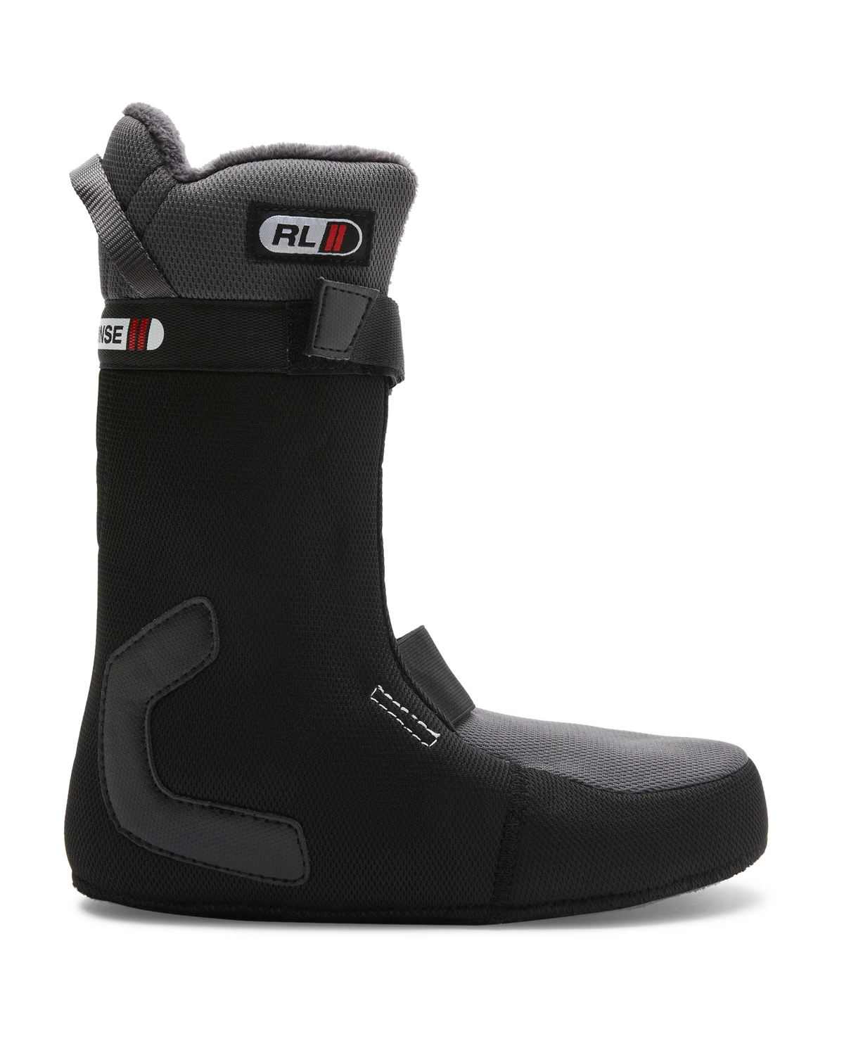 The Lotus liner by DC Shoes is black and gray with a high ankle, reinforced padding, Velcro straps, a label marked RL, and graphic accents in red, white, and black. The boot liner is removable for added convenience.