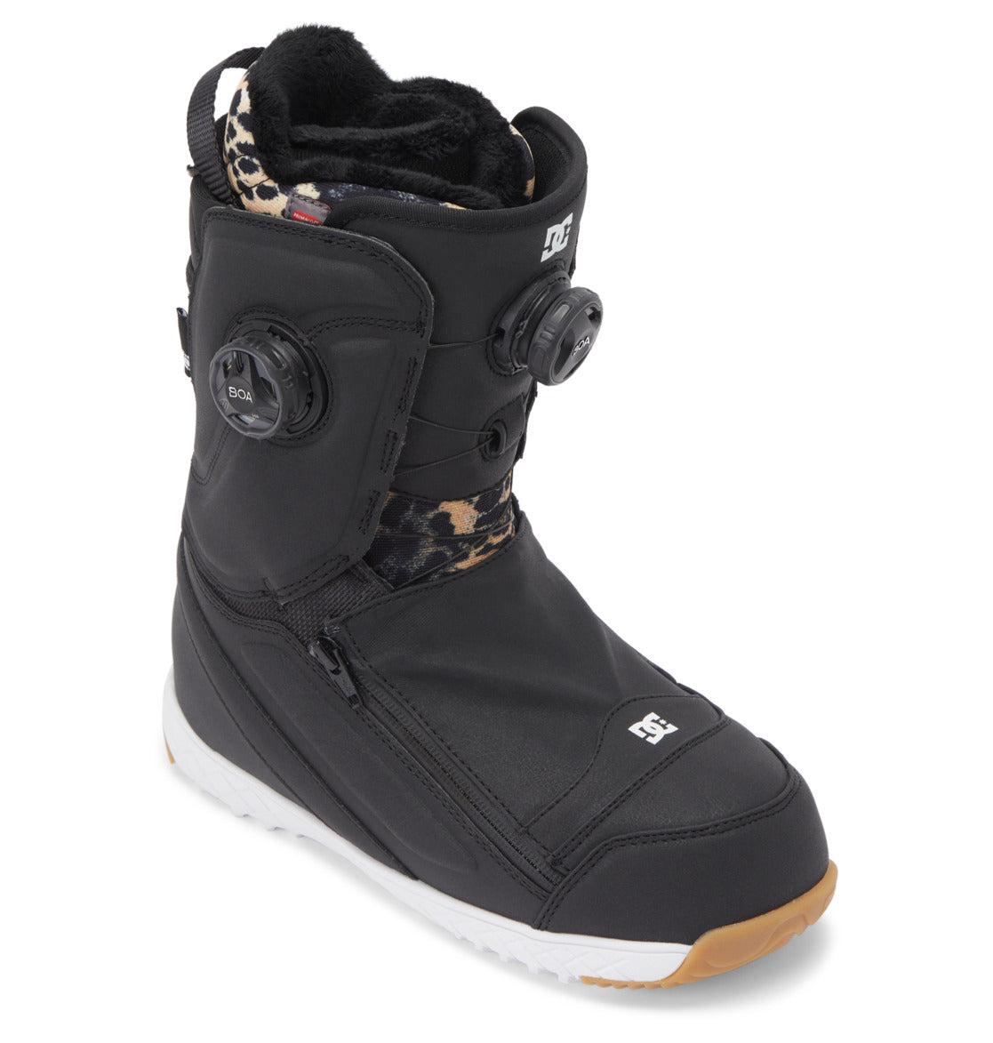 A black pair of DC Shoes Women’s Mora BOA® Snowboard Boots featuring a gum sole, dual BOA Fit System dials, PrimaLoft insulation for warmth, and leopard print accents on the inner lining.