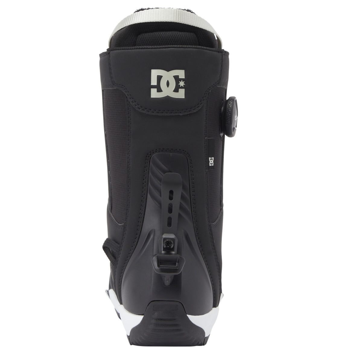 A black DC Shoes Women’s Phase Pro Step On BOA® Snowboard Boot, viewed from the back, displays the logo at the top, an adjustable BOA® Fit System dial on the side, and a heel lock mechanism at the base. This Step On® model is designed for secure comfort and easy entry.