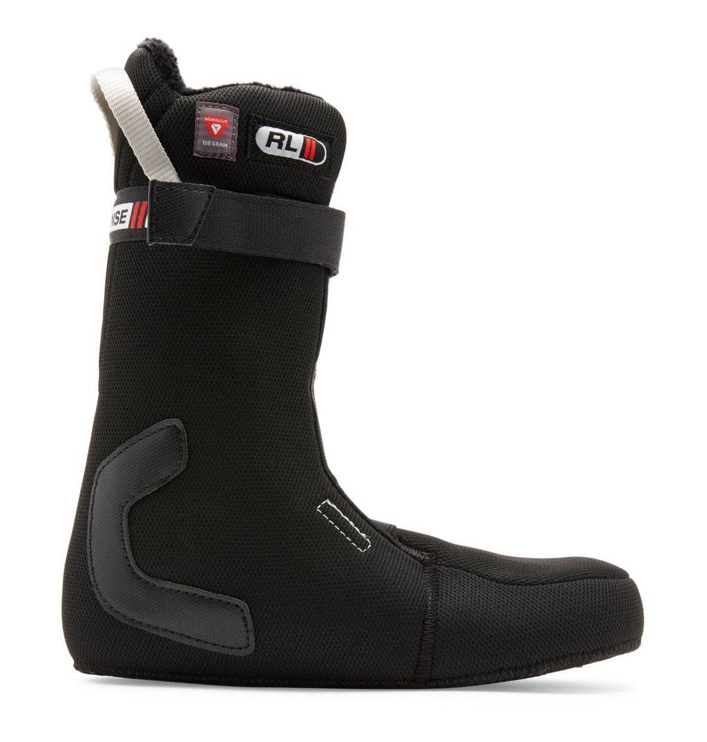Side view of the DC Shoes Women’s Phase Pro Step On BOA® Snowboard Boot liner, featuring a black removable design with reinforced ankle support and a velcro strap. Tailored for women’s snowboard boots, it includes a small fabric pull loop at the top heel and durable textured material for enhanced longevity.