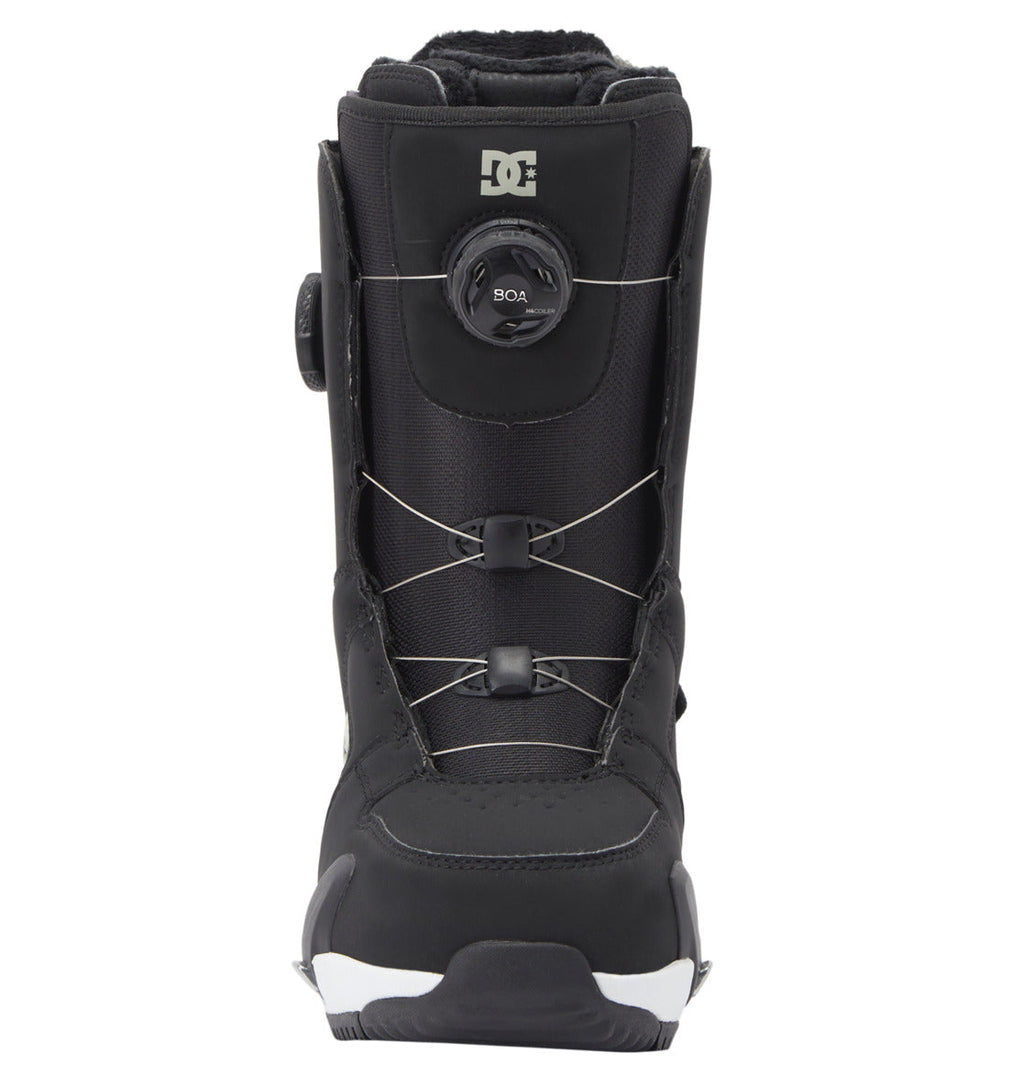 Front view of the Women’s Phase Pro Step On BOA® Snowboard Boots by DC Shoes in black, showcasing the advanced BOA® Fit System, a bold white DC logo at the top, and reinforced toe and heel areas for enhanced durability.