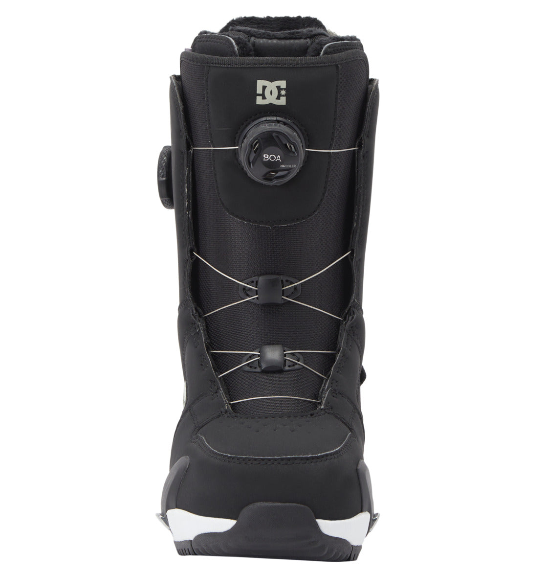 Front view of the Women’s Phase Pro Step On BOA® Snowboard Boots by DC Shoes in black, showcasing the advanced BOA® Fit System, a bold white DC logo at the top, and reinforced toe and heel areas for enhanced durability.