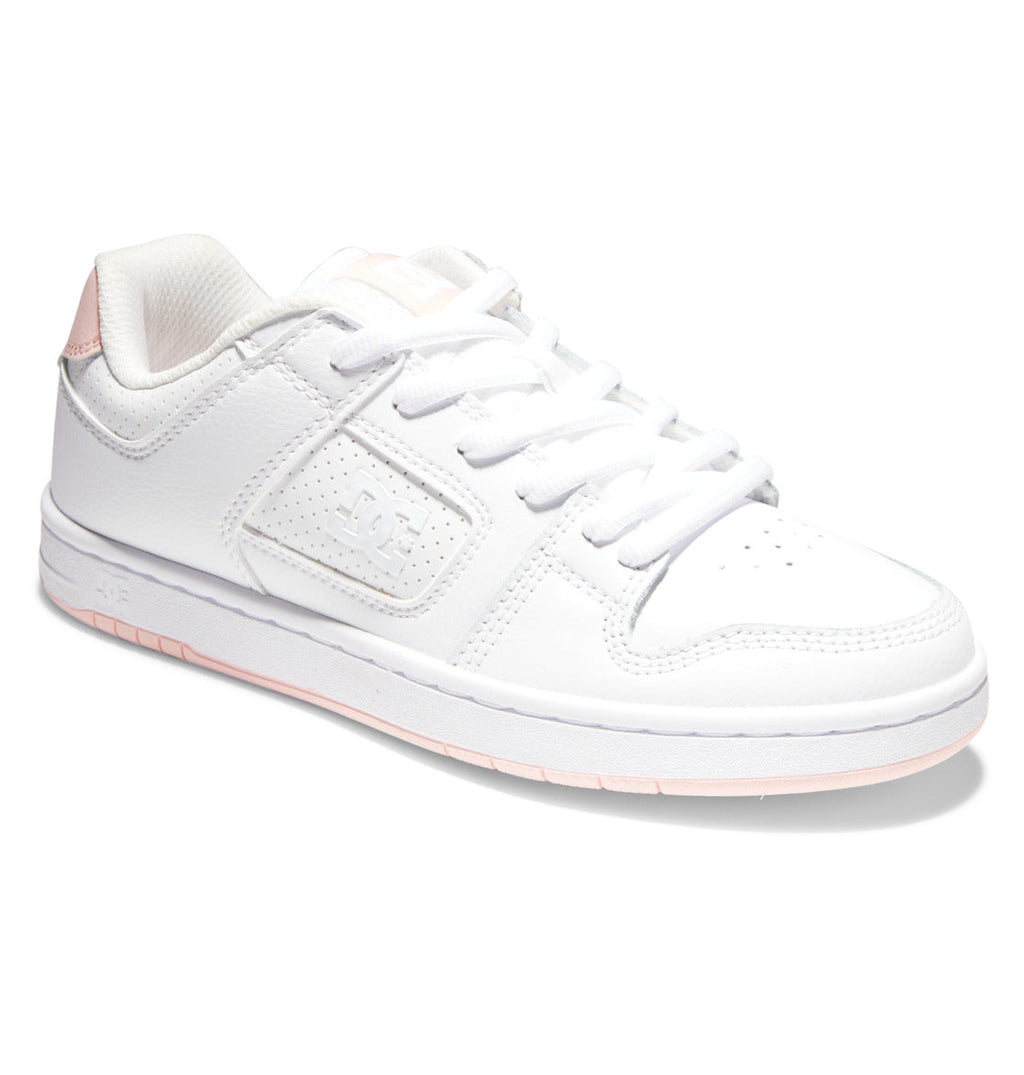 The DC Shoes Women’s Manteca 4 Shoes are white low-top sneakers from the Women’s Manteca collection, featuring a pink accent on the heel and sole, perforated detailing on the toe, and the DC logo embossed on the side. This pair blends classic style with DC Shoes’ performance-driven design to deliver all-day comfort and durability.