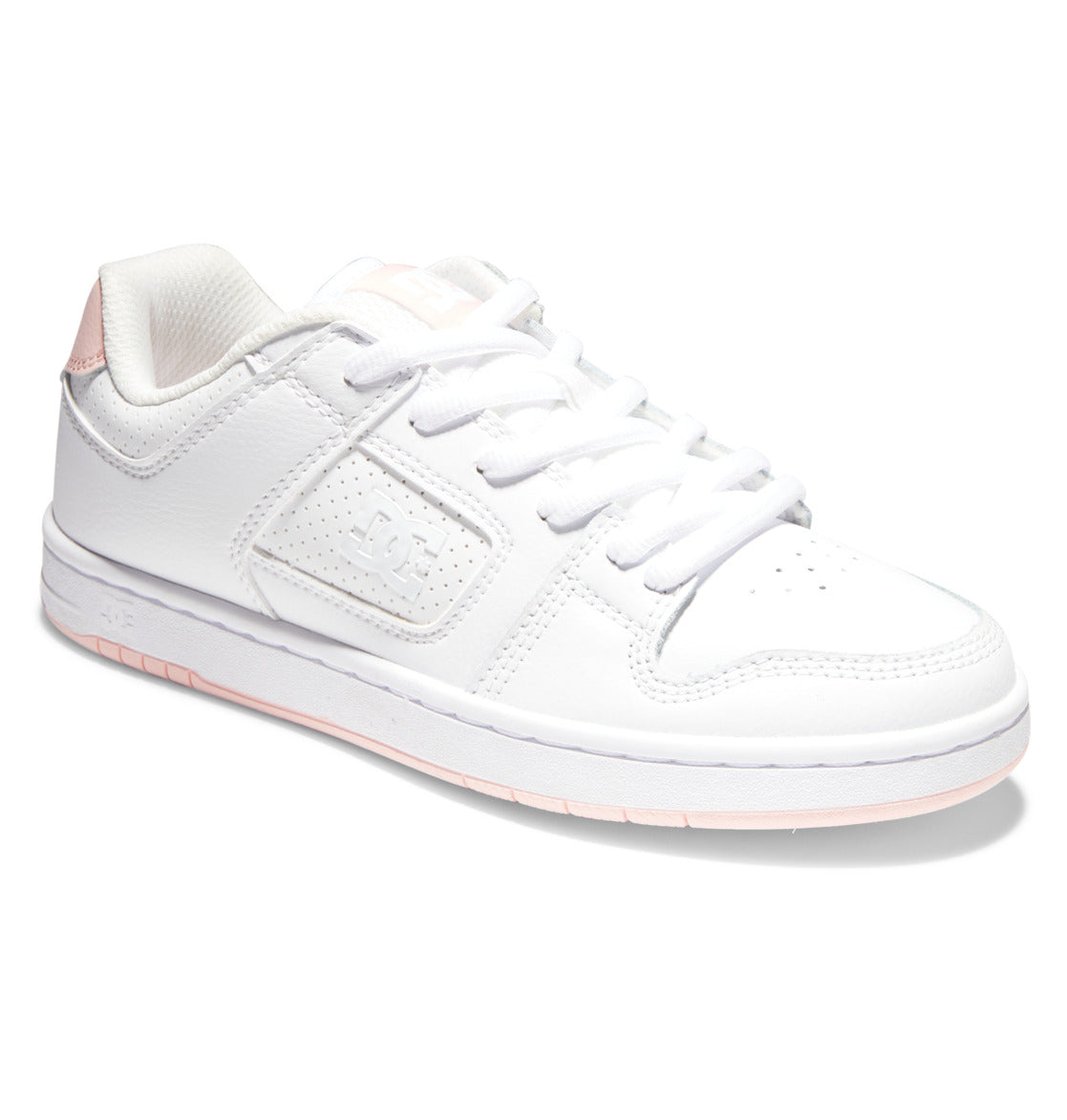 The DC Shoes Women’s Manteca 4 Shoes are white low-top sneakers from the Women’s Manteca collection, featuring a pink accent on the heel and sole, perforated detailing on the toe, and the DC logo embossed on the side. This pair blends classic style with DC Shoes’ performance-driven design to deliver all-day comfort and durability.