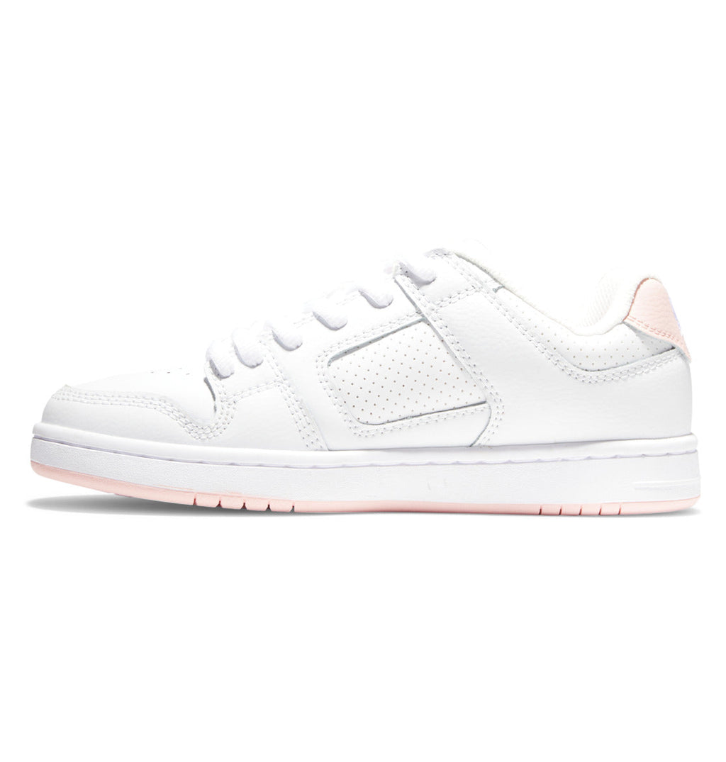 A white low-top sneaker with subtle light pink accents, perforated side panels, white laces, and a rubber sole, the Women’s Manteca 4 Shoes by DC Shoes deliver a performance-focused design for everyday comfort and style.