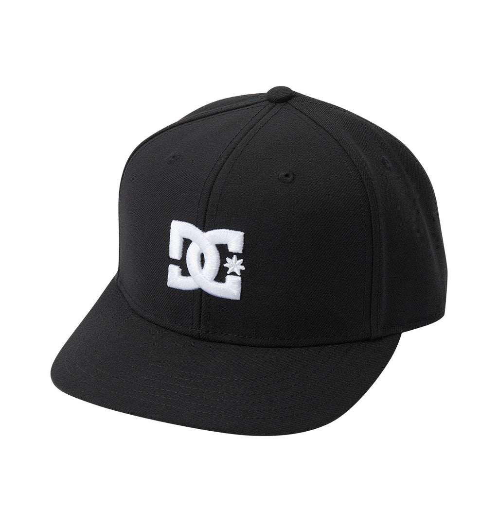 The DC Shoes DC Empire Snapback is a black flat-brim cap with a white embroidered DC logo and star on the front.