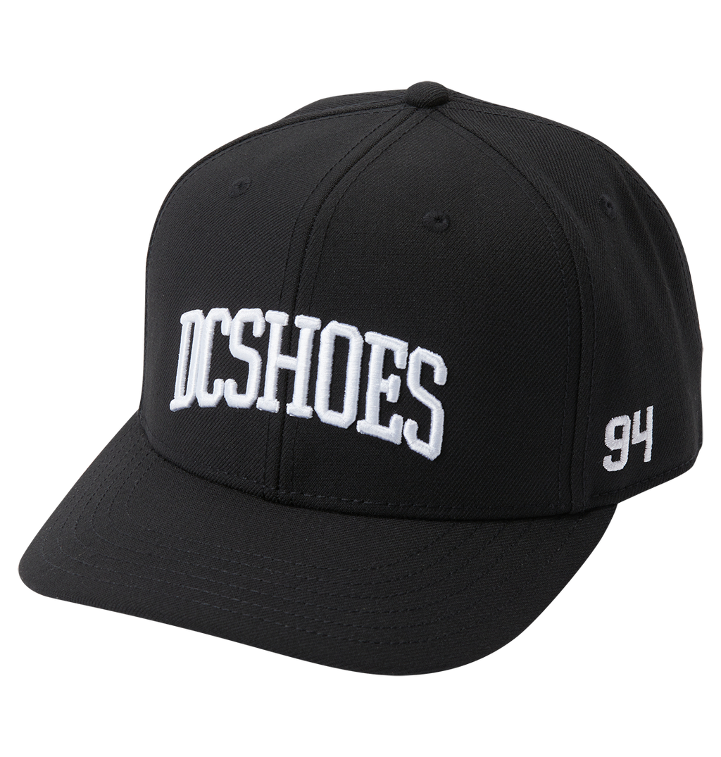 The Men's Semi-Pro Snapback by DC Shoes features a black design with bold white DCSHOES embroidery on the front, the number 94 stitched on the side, and an adjustable fit for comfort.