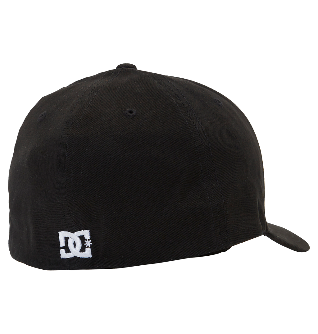 The Men's DC Cap Star by DC Shoes is a black skate cap with a curved brim and ventilation eyelets, featuring a small white embroidered DC branding logo near the back bottom edge.