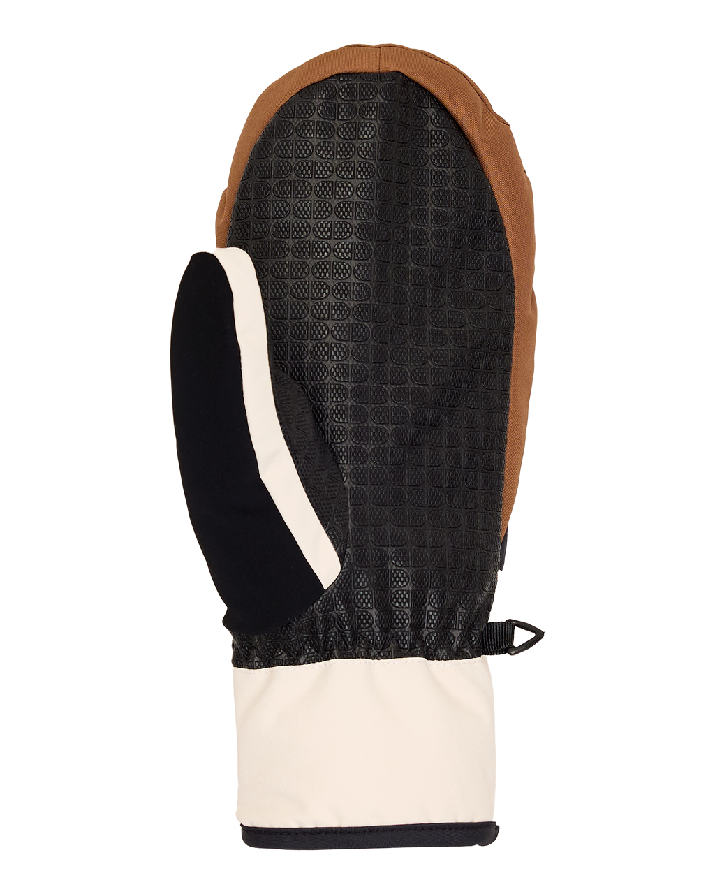 A single DC Shoes Men’s Franchise Insulated Mitten is shown against a plain white background, featuring a brown upper, black textured-grip palm, white cuff, and a black and white thumb—designed as the ideal water-resistant mitten for outdoor winter use.