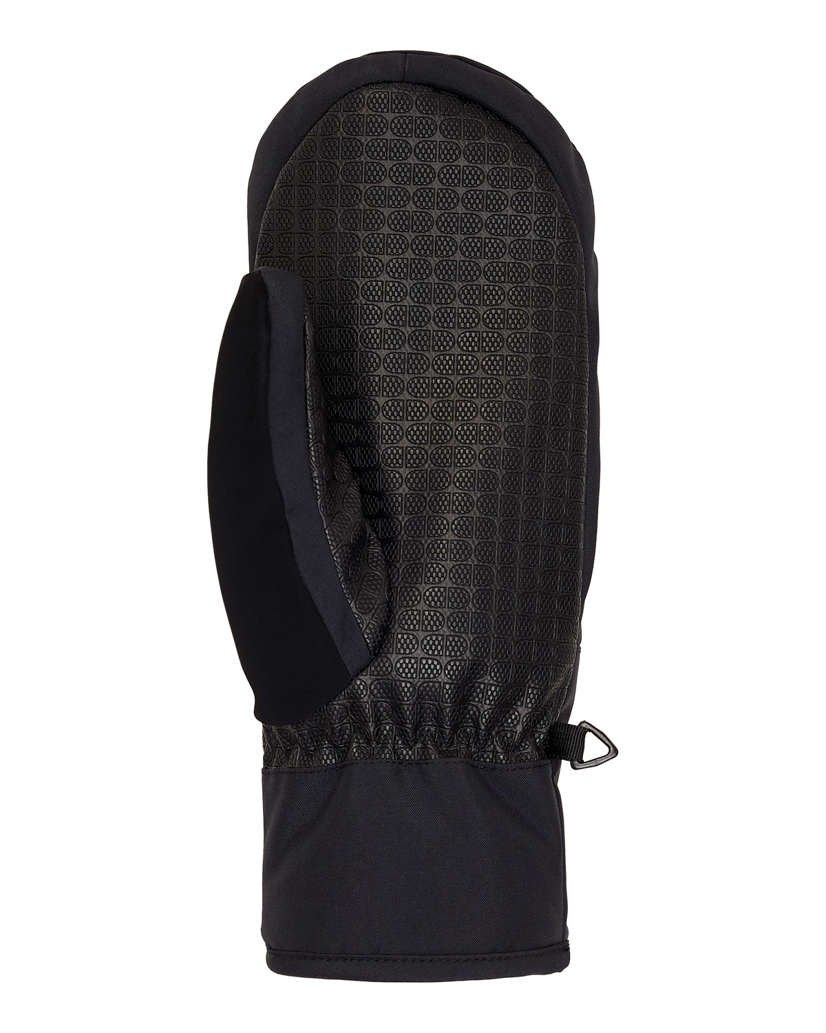 The Men’s Franchise Insulated Mittens by DC Shoes are black, waterproof mittens featuring a textured grip on the palm side, a gathered wrist, and a small loop for hanging. Shown against a plain white background, these mittens are designed to keep your hands warm and dry during the winter season.