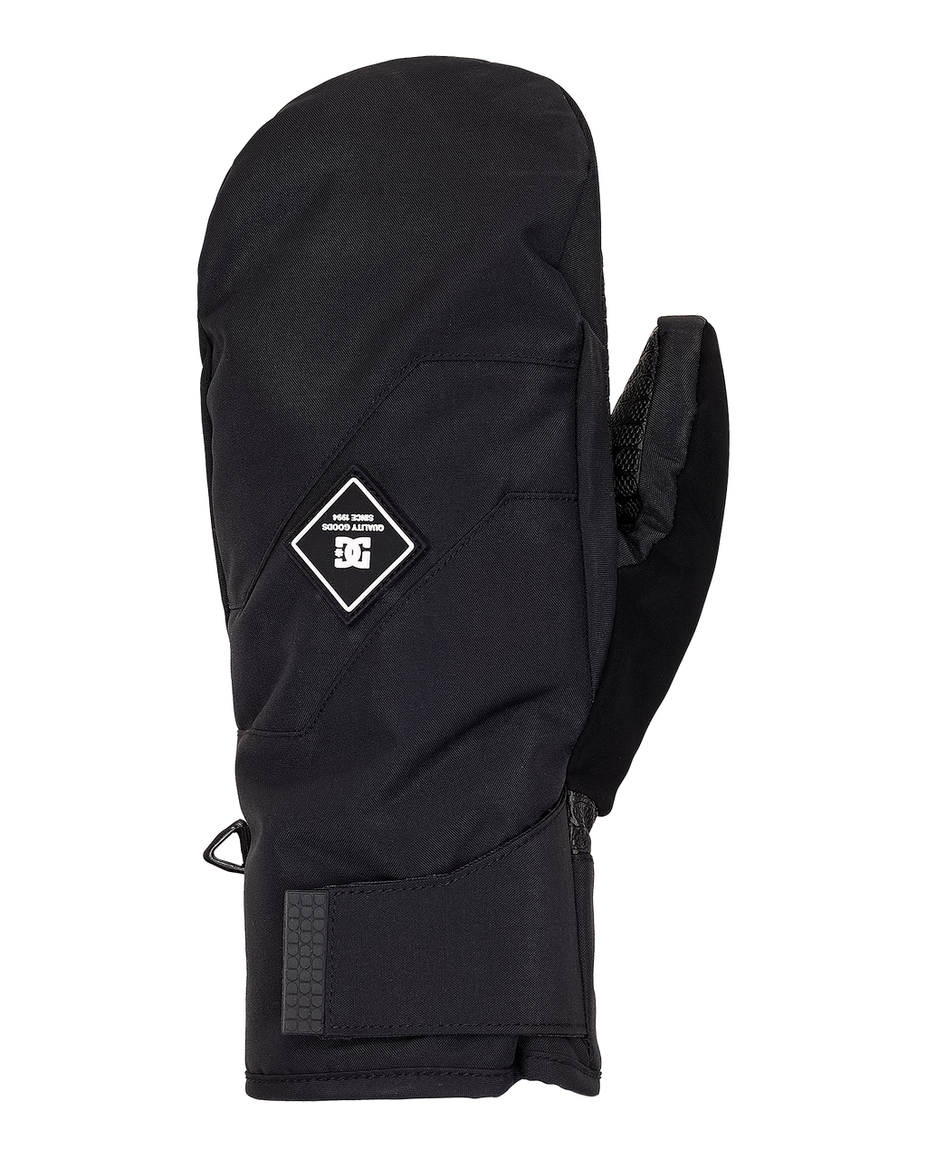The Men’s Franchise Insulated Mitten by DC Shoes is shown against a plain white background. This single black mitten features a diamond-shaped logo patch on the back, a long cuff, and a small loop near the wrist. Designed for cold weather, these men’s insulated mittens provide warmth and comfort for your hands.