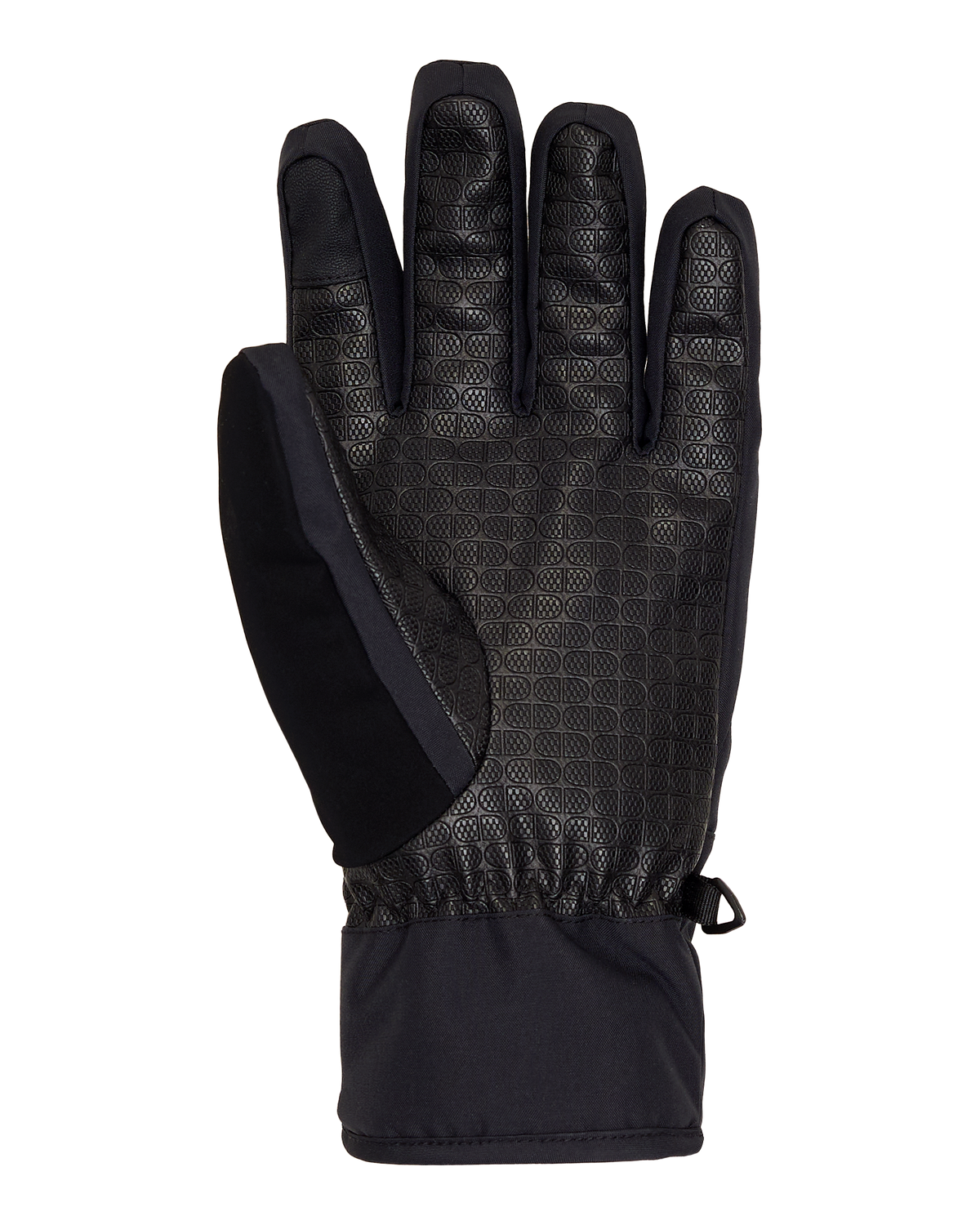A single black DC Shoes Men’s Franchise Insulated Glove is shown palm side up against a plain white background, featuring a textured palm, elastic wrist, and a loop on the cuff.