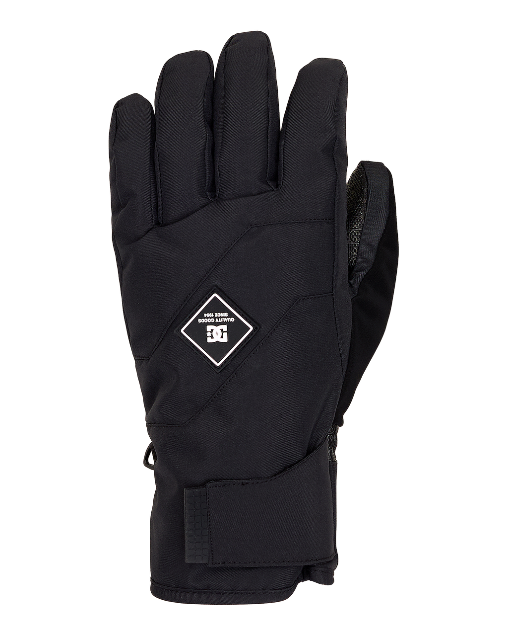 The DC Shoes Men’s Franchise Insulated Gloves are black men’s gloves featuring a velcro strap at the wrist and a small diamond-shaped logo on the back of the hand, shown upright against a plain white background. These touchscreen-compatible gloves provide warmth and functionality, making it easy to use smart devices in cold weather.