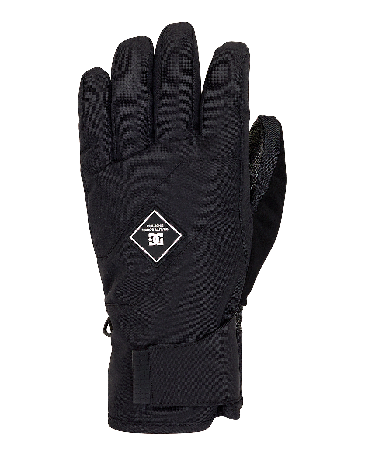 The DC Shoes Men’s Franchise Insulated Gloves are black men’s gloves featuring a velcro strap at the wrist and a small diamond-shaped logo on the back of the hand, shown upright against a plain white background. These touchscreen-compatible gloves provide warmth and functionality, making it easy to use smart devices in cold weather.