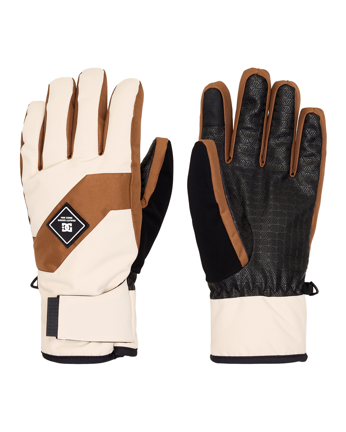 A pair of DC Shoes Men’s Franchise Insulated Gloves in beige, brown, and black; one glove displays the textured palm for enhanced grip, while the other shows the back featuring a patch and an adjustable wrist strap—engineered to keep your hands warm and protected in cold weather.