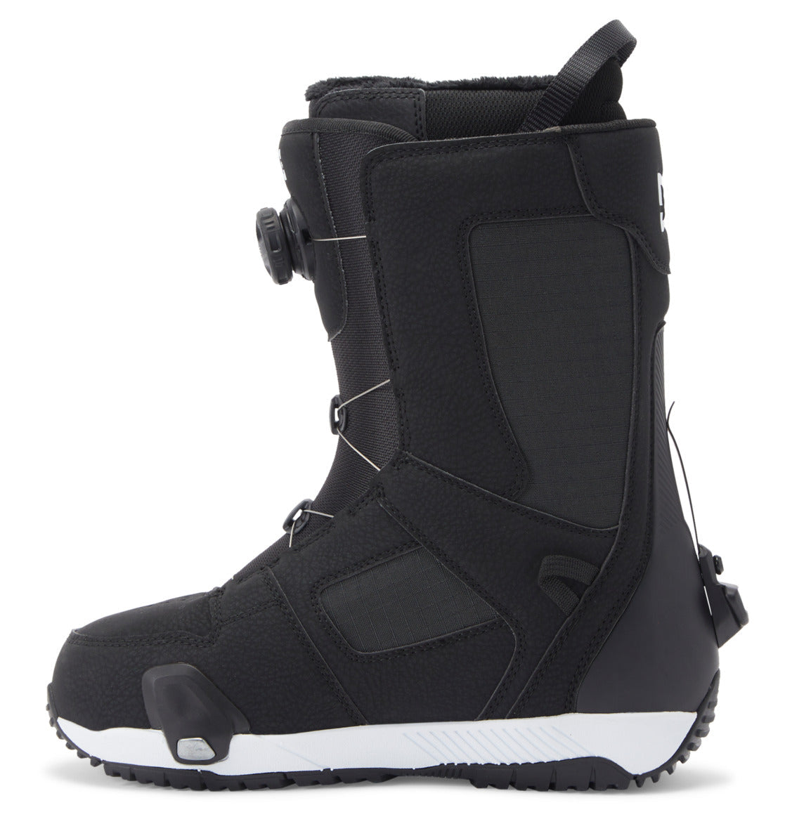 The DC Shoes Men's Phase Pro Step On BOA® Snowboard Boots are black with a white sole, BOA® Fit System dial on the side, heel pull loop, padded textured surface, and reinforced panels for support.