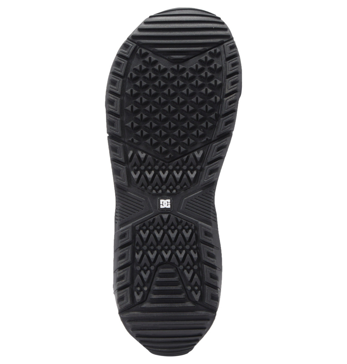 The Men's Phase Pro Step On BOA® Snowboard Boots by DC Shoes feature a black rubber sole with geometric tread patterns, ridges, textured triangles, and a central DC logo for grip and traction.
