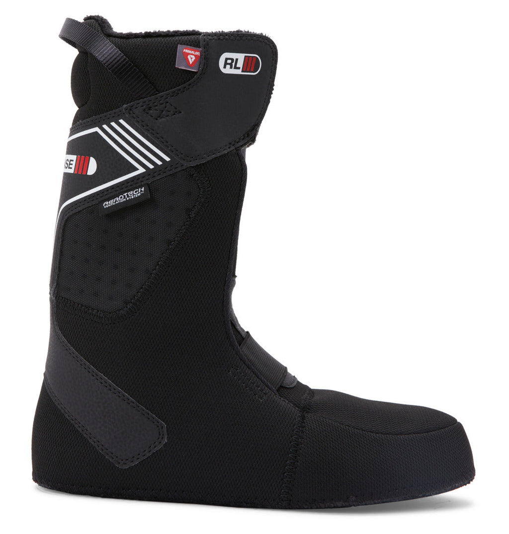 A black liner for DC Shoes Men's Phase Pro Step On BOA® Snowboard Boots features reinforced zones, a top pull strap, and white/red logo details on a white background.