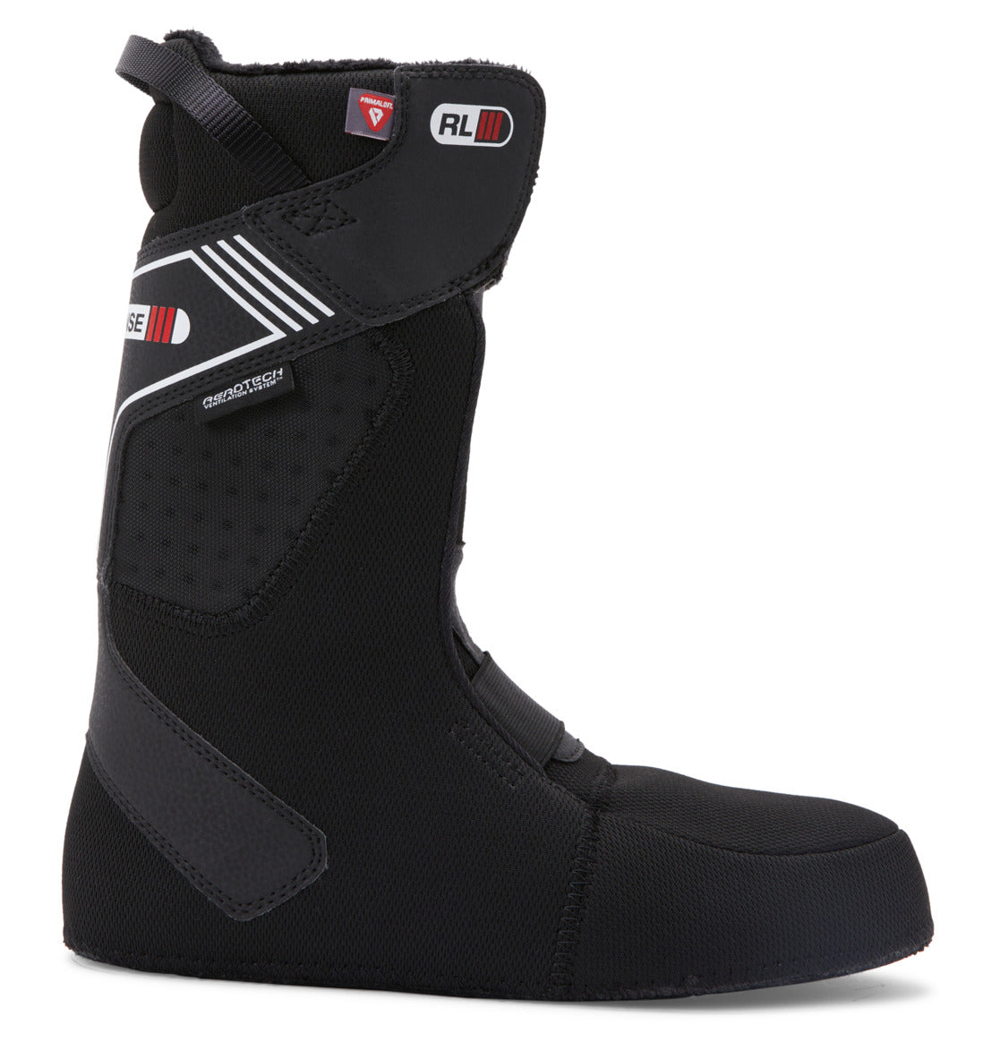 A black liner for DC Shoes Men's Phase Pro Step On BOA® Snowboard Boots features reinforced zones, a top pull strap, and white/red logo details on a white background.
