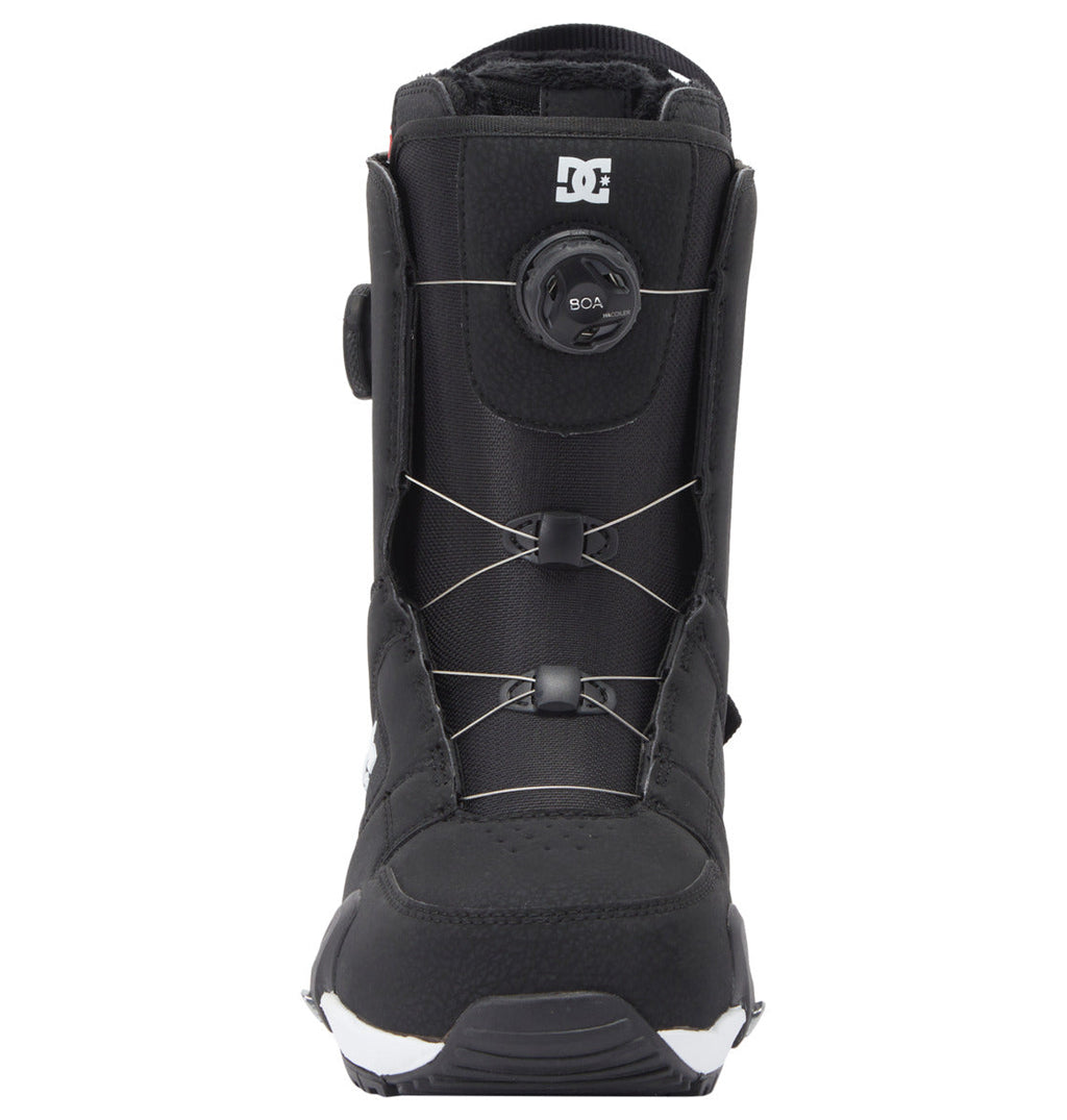 Front view of the Men's Phase Pro Step On BOA® Snowboard Boots by DC Shoes in black, featuring the BOA® Fit System with metal wires, a round adjustment dial on the tongue, and the DC Shoes logo above the dial.