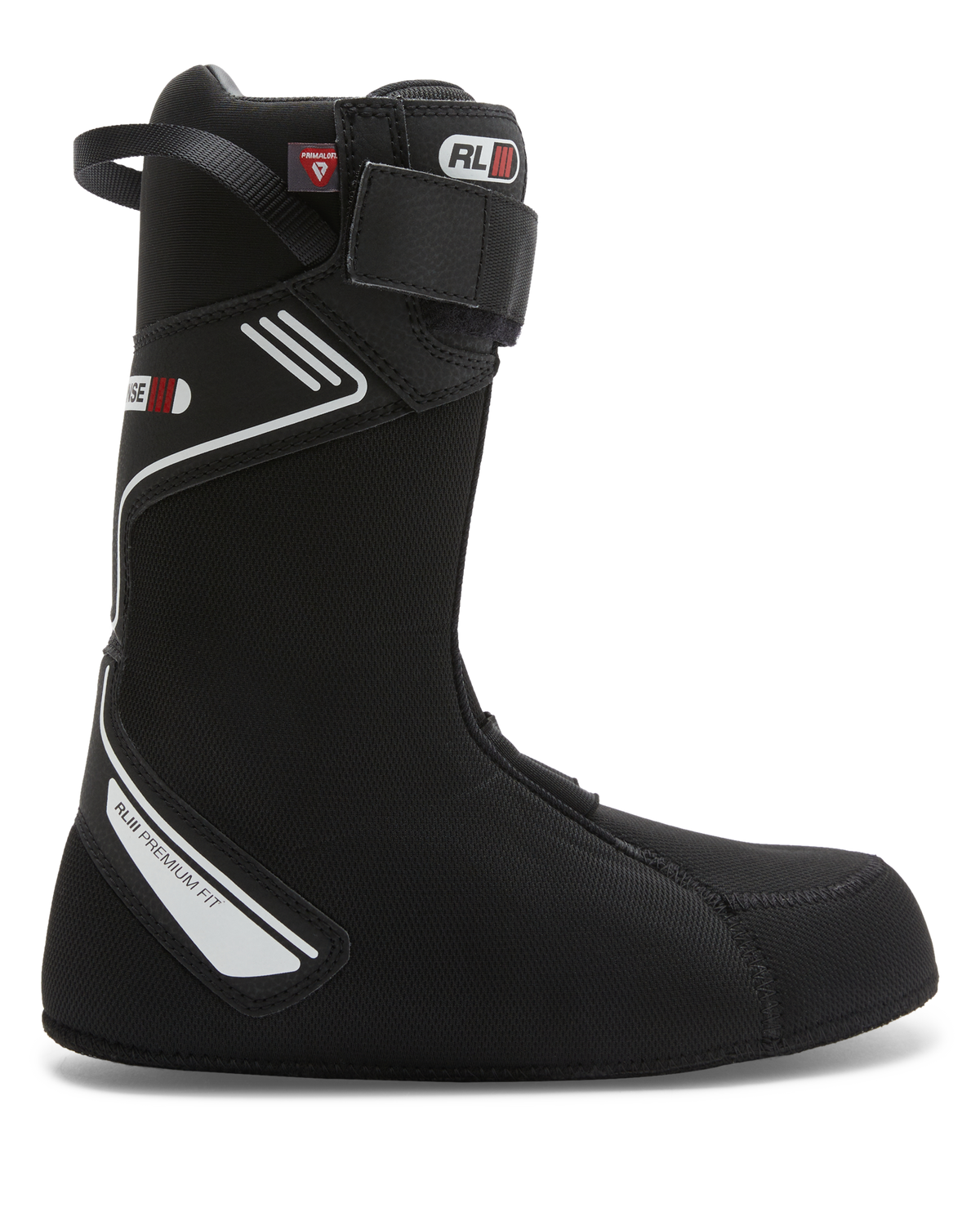 A black Men’s Phase BOA® Pro Step On® Snowboard Boot by DC Shoes with white accents and a Velcro strap near the top stands upright on a plain white background. Featuring technical labels, a sleek design, and the SUPERLOCK heel harness for enhanced fit and support, this boot ensures all-day comfort.