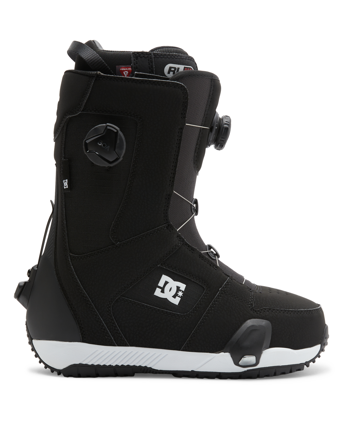 The Men’s Phase BOA® Pro Step On® Snowboard Boots by DC Shoes are black with a white sole, featuring the DC Shoes logo on the side. These boots include a Dual Zone BOA Fit System for easy tightening and a SUPERLOCK heel harness for enhanced support, shown against a white background.
