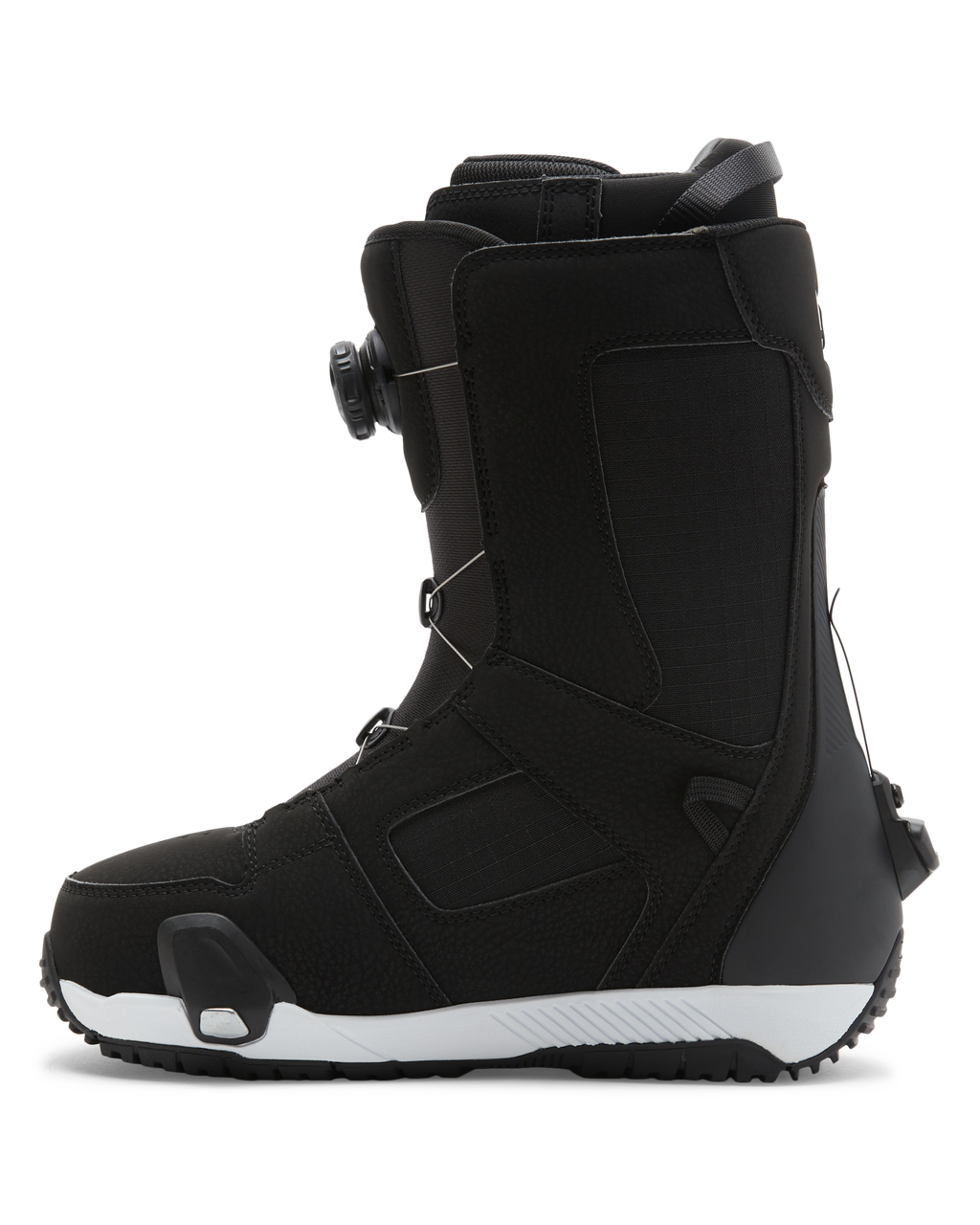 Men’s Phase BOA® Pro Step On® Snowboard Boots by DC Shoes, featuring a black upper with a white sole, enhanced ankle support, and a Dual Zone BOA® Fit System dial lacing system, shown in profile view facing left against a plain white background.