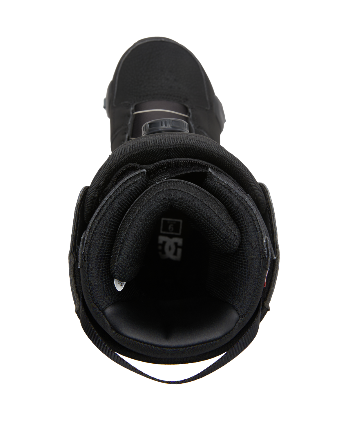 Top view of a single Men’s Phase BOA® Pro Step On® Snowboard Boot by DC Shoes in black, featuring a padded collar, visible inner lining, and a back pull loop, equipped with the advanced Dual Zone BOA Fit System for precise adjustment—all set against a plain white background.