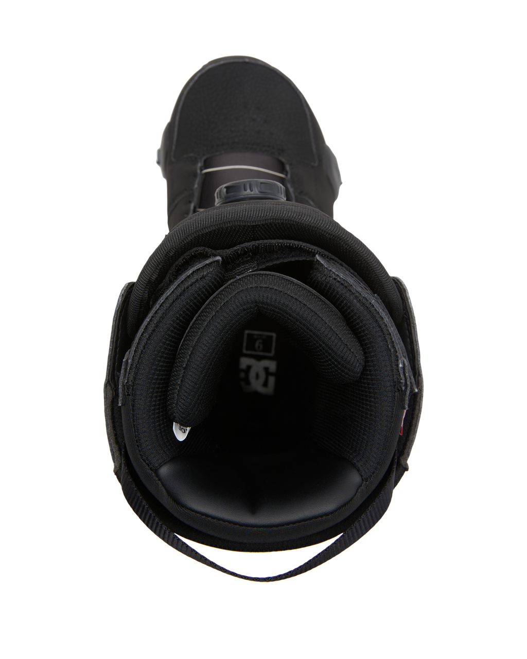Top view of the DC Shoes Men’s Phase BOA® Pro Step On® Snowboard Boot in black, featuring thick padded lining, a pull strap at the back, a visible tongue, and an advanced Dual Zone BOA® Fit System closure for customizable comfort.