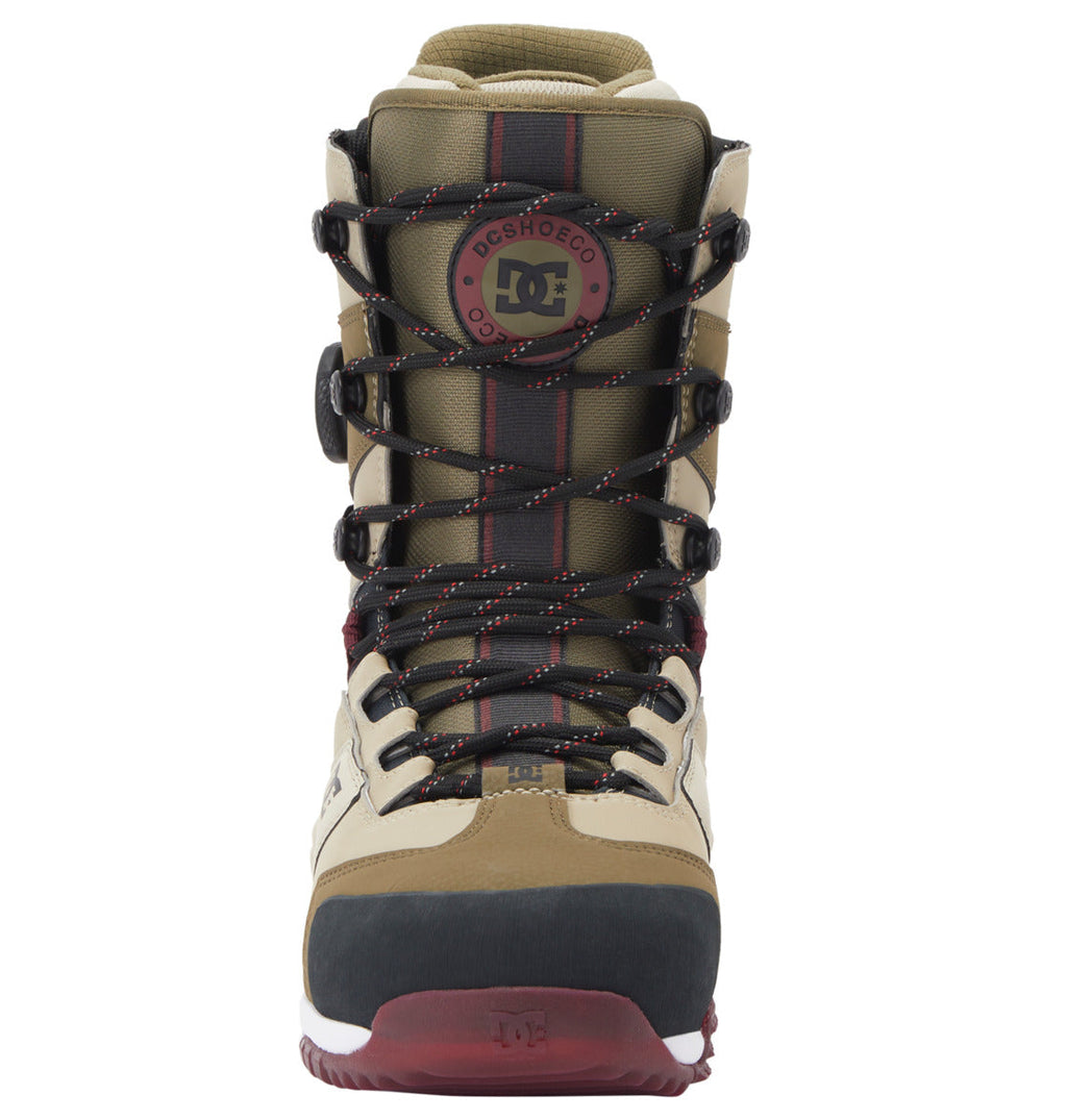A pair of DC Shoes Men’s Premier Hybrid BOA® Snowboard Boots in tan and black, shown facing forward, featuring red and black laces, a reinforced toe, the innovative BOA® Fit System for a customizable fit, and a logo patch on the tongue.