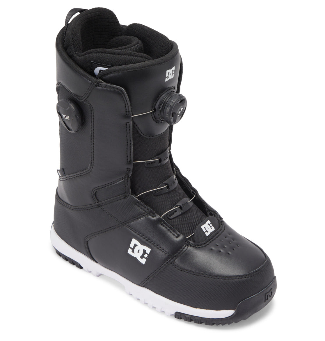 The DC Shoes Men’s Control BOA® Snowboard Boots are black all-mountain boots with a white sole, highlighted by the DC logo, a Dual Zone BOA® Fit System for quick and precise lacing, and a high-ankle design inspired by classic skate footwear for added support.