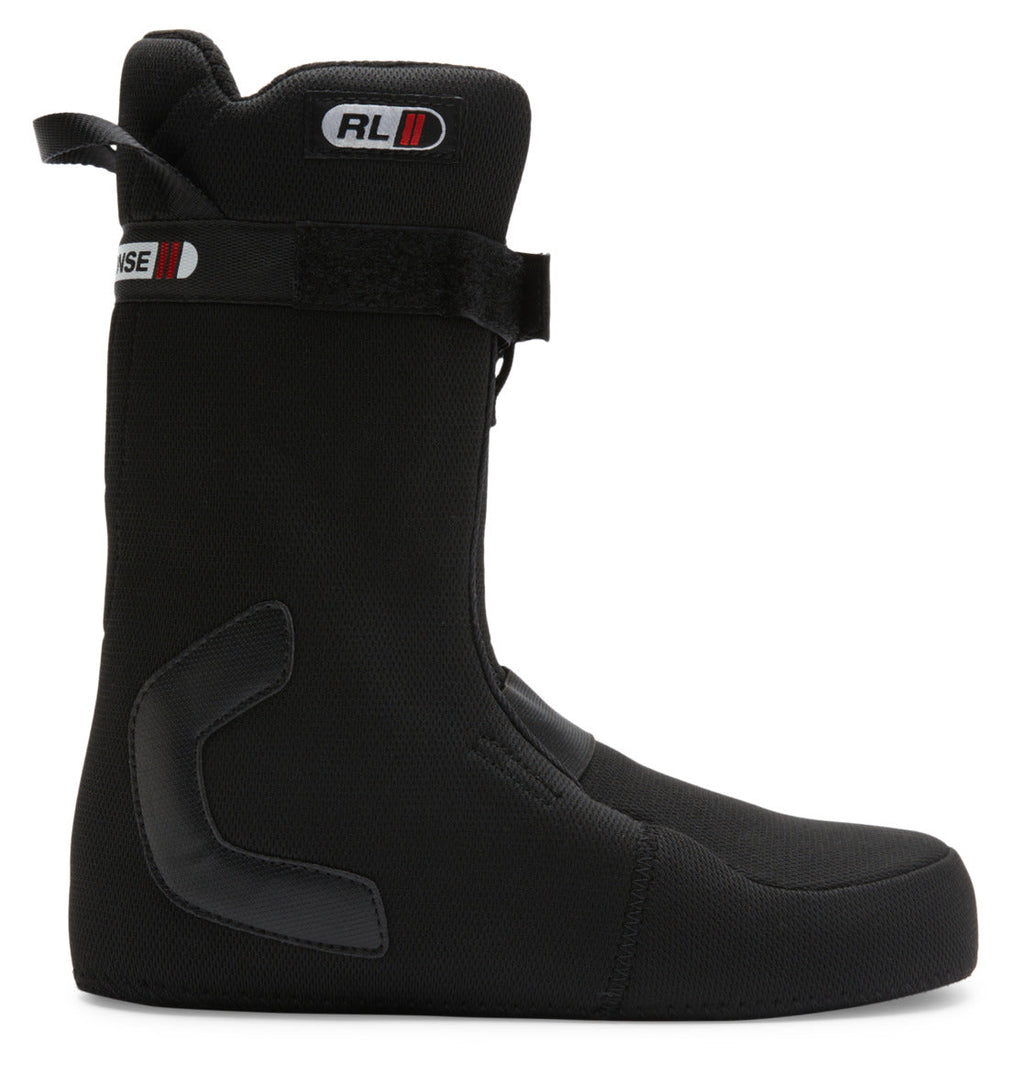 A black DC Shoes Men’s Control BOA® Snowboard Boot liner featuring a high ankle, velcro strap, and reinforced padding is shown in profile facing right on a white background.