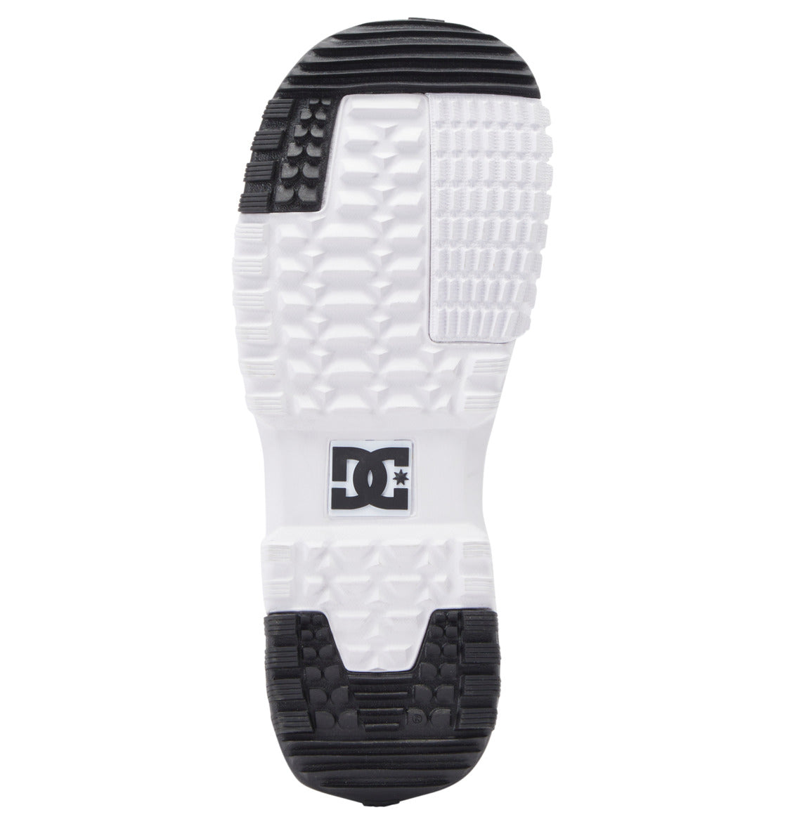 Bottom view of the DC Shoes Men’s Control BOA® Snowboard Boot sole, featuring white textured rubber with black grip pads at the heel and toe, and the DC logo embossed in the arch area—highlighting design elements inspired by classic skate footwear.