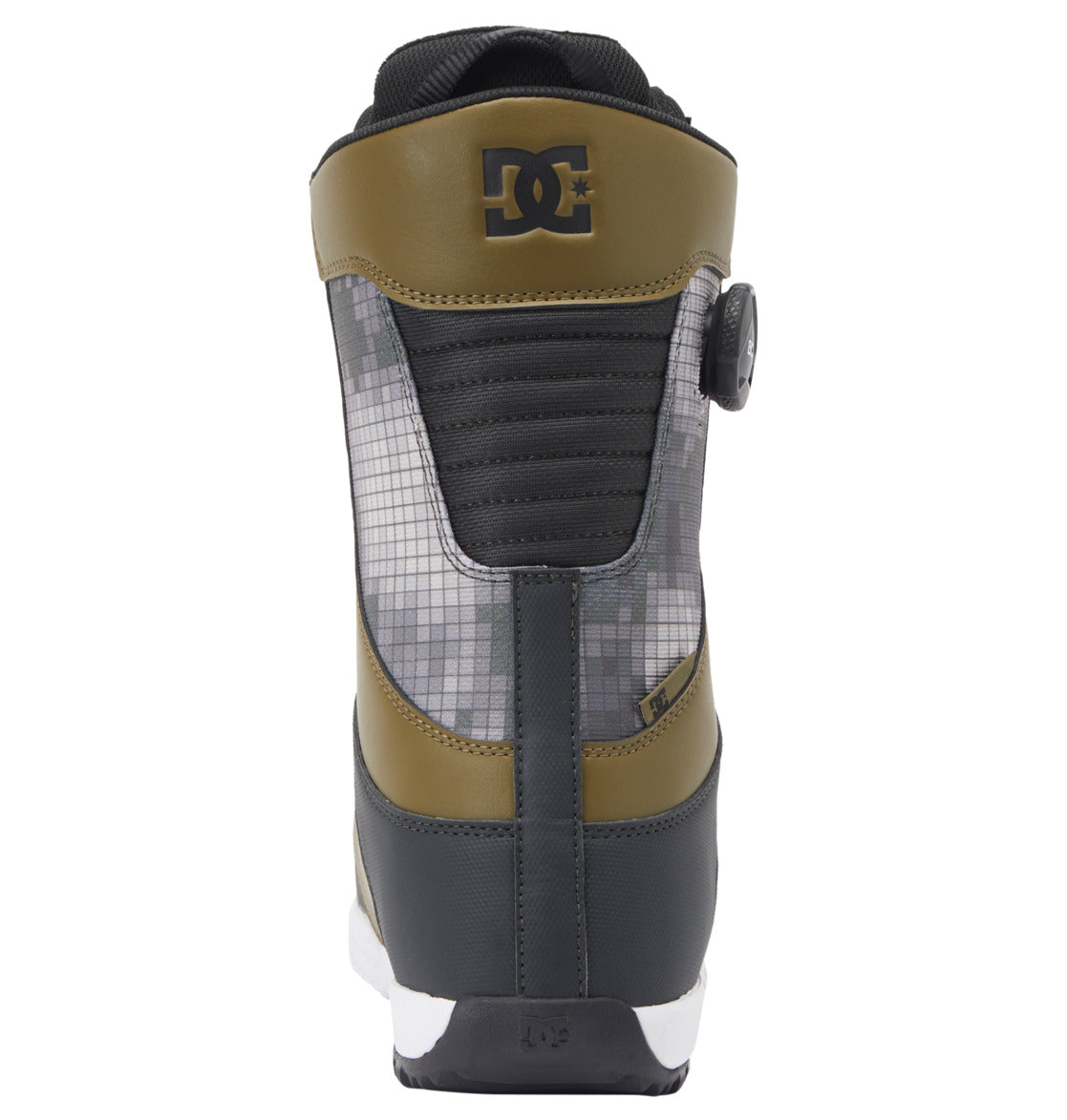 A rear view of the DC Shoes Men’s Control BOA® Snowboard Boots, showcasing olive green, black, and gray colors with a textured pattern and the DC logo at the top, designed as an all-mountain boot inspired by classic skate footwear.