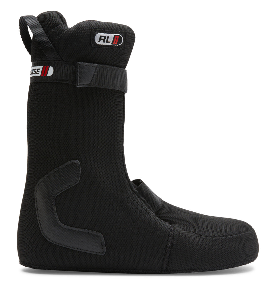 The DC Shoes Men’s Control Step On BOA® Snowboard Boots are shown in a side profile view against a white background, featuring a black design with Velcro straps, reinforced areas, and advanced snow boot technology.