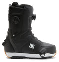 A black Men’s Control Step On BOA® Snowboard Boot by DC Shoes, featuring a white logo, rugged rubber sole, and Dual Zone BOA® Fit System for precise adjustment, shown in profile on a white background.