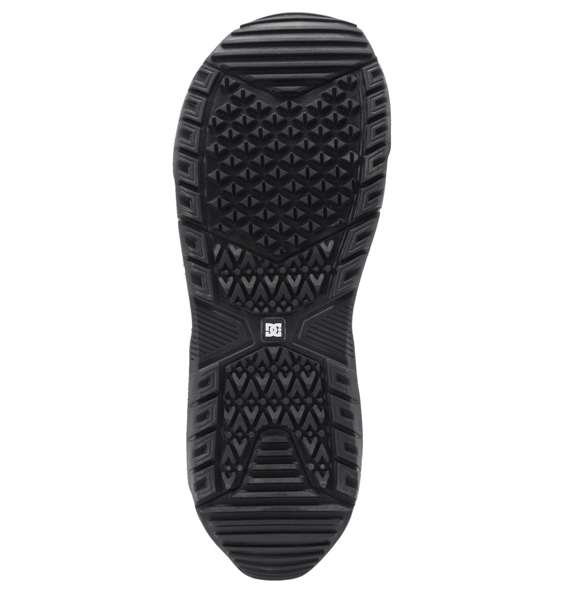 Bottom view of a black DC Shoes Men’s Control Step On BOA® Snowboard Boot sole featuring patterned tread, geometric textures, and a small DC logo at the center—highlighting the snow boot innovation characteristic of Step On Boot designs.