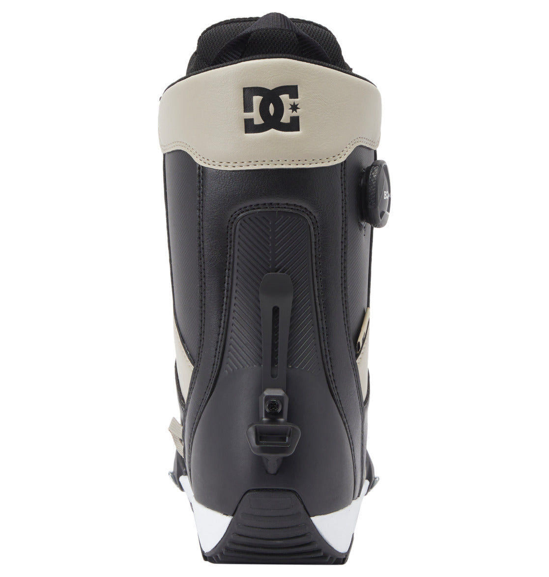 A rear view of the Men’s Control Step On BOA® Snowboard Boots by DC Shoes in black and beige, showcasing the DC logo and advanced Dual Zone BOA® Fit System for precision tightening.