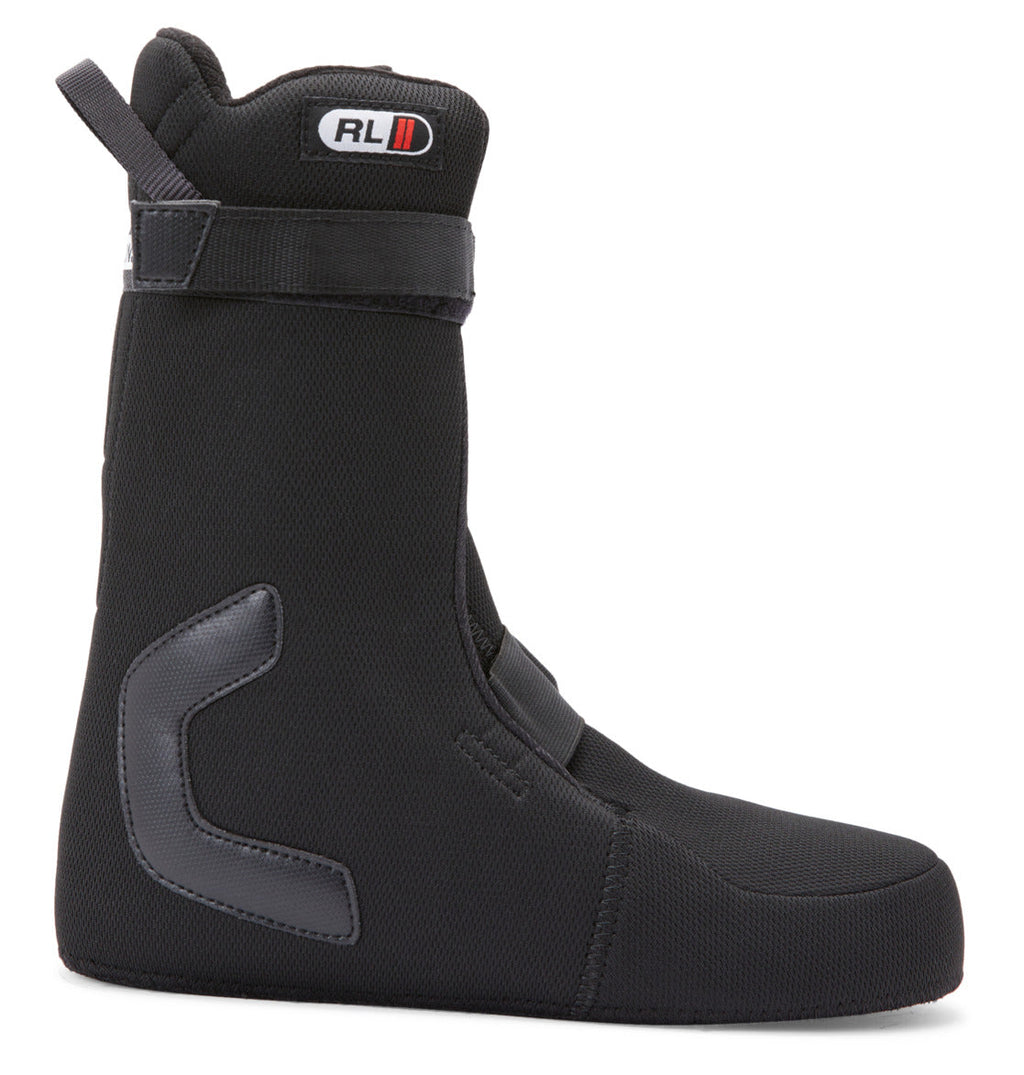 The DC Shoes Men’s Control Step On BOA® Snowboard Boot liner is black with a Velcro strap at the top, reinforced heel and ankle support, and a convenient pull loop at the back. Highlighting snow boot innovation, the liner stands upright facing right on a white background.