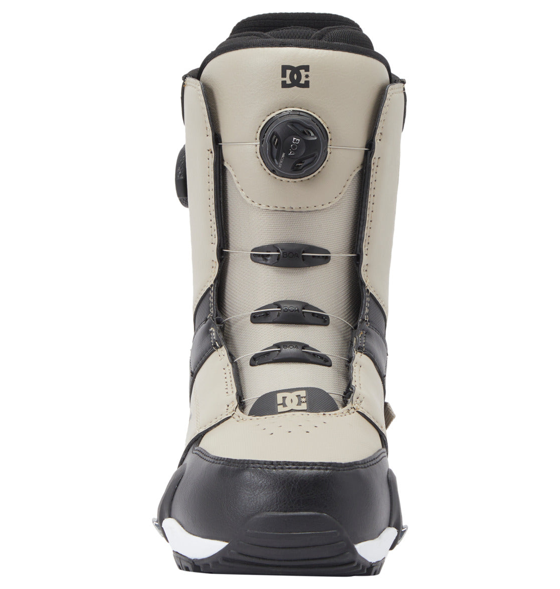 A front view of the Men’s Control Step On BOA® Snowboard Boots by DC Shoes in black and gray, featuring a Dual Zone BOA® Fit System and DC Shoes branding on the tongue and toe, highlighting the latest advancements in snowboard boot technology.