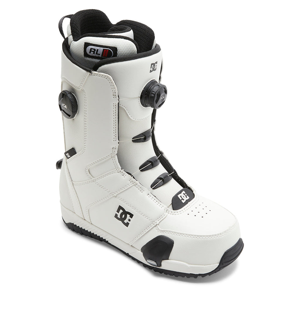 The DC Shoes Men’s Control Step On® Snowboard Boots are white with black accents and feature a Dual Zone BOA Fit System for precise adjustability, a perforated toe, padded collar, and reinforced heel and toe sections.
