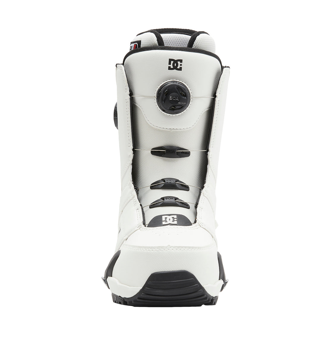 Men’s Control Step On® Snowboard Boots by DC Shoes, featuring a front-facing white design with black accents and a Dual Zone BOA Fit System for precision control, photographed on a plain white background.