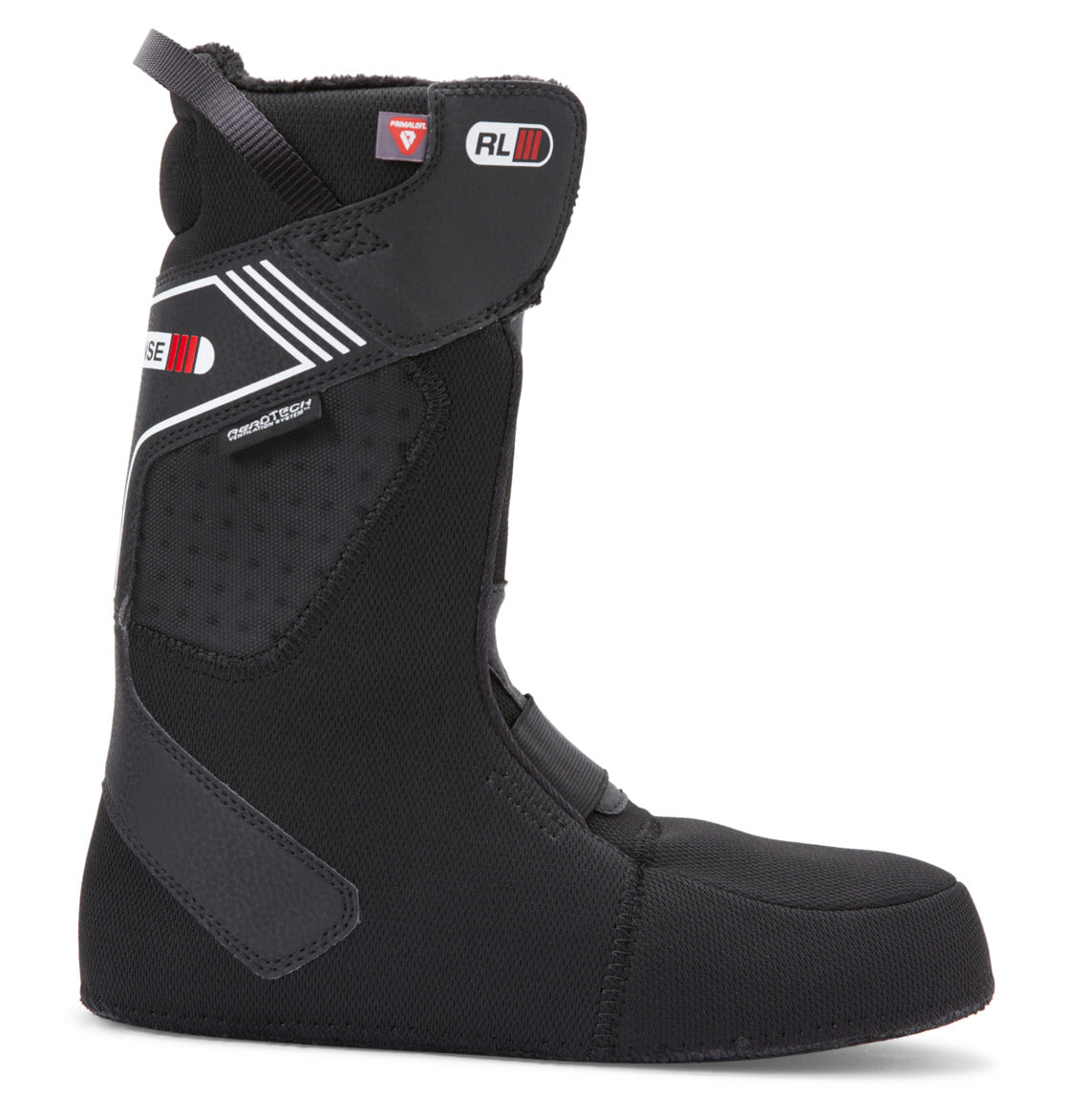 Men’s Judge BOA® Snowboard Boots by DC Shoes, featuring a black snowboarding liner with reinforced panels, a pull tab at the top, and white and red DC branding details. Equipped with the Dual Zone BOA® Fit System for precise adjustment and a durable Vibram outsole. Displayed in profile view facing right against a white background.