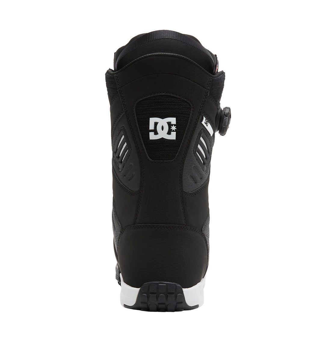 DC Shoes Men’s Judge BOA® Snowboard Boots shown from the back, featuring a white DC logo on the upper heel, a textured sole, and a side dial Dual Zone BOA® Fit System for adjustment.