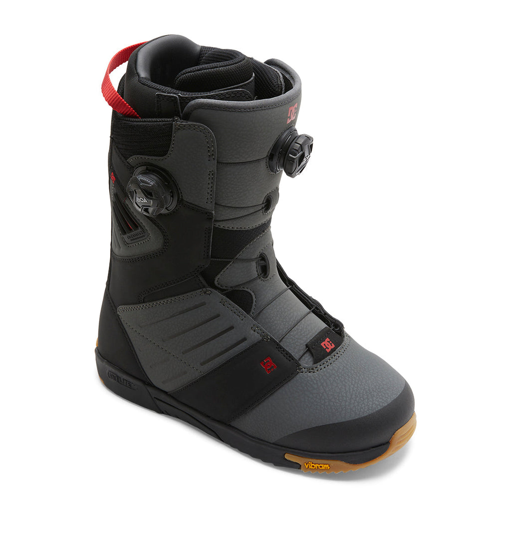 A single DC Shoes Men’s Judge BOA® Snowboard Boot in gray and black, featuring a Dual Zone BOA® Fit System lacing system, red pull loop, and Vibram sole, displayed on a white background.