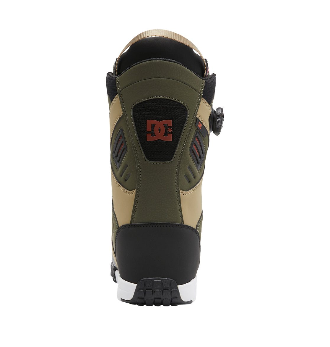 A rear view of the Men’s Judge BOA® Snowboard Boots by DC Shoes in green, featuring the BOA® Fit System, a black and red DC Shoes logo on the heel, black heel pad, and white sole, photographed against a white background.