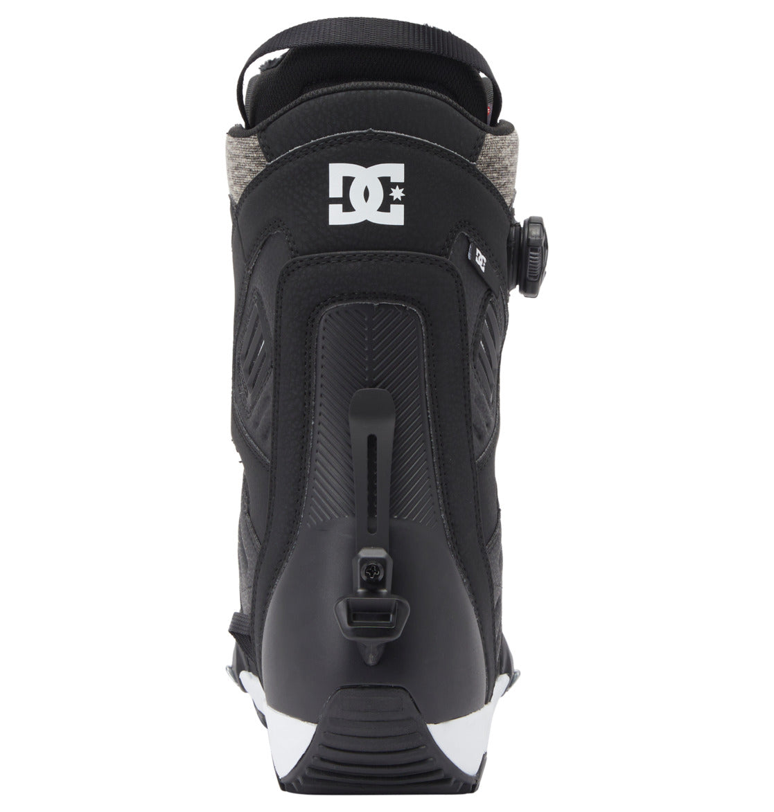 Back view of the Men’s Judge Step On® BOA® Snowboard Boot by DC Shoes, featuring a white DC logo on the upper part, black color with gray accents, and a BOA® Fit System dial closure visible on the side.
