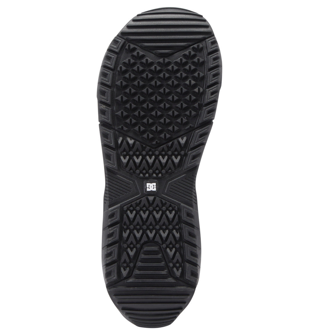 Black outsole of the Men’s Judge Step On® BOA® Snowboard Boots by DC Shoes, shown from below with an array of textured patterns—triangles and lines—and a small DC Shoes logo at the center; this grip-focused design draws inspiration from the proven traction of Step On boot technology and advanced snowboard boot innovation.